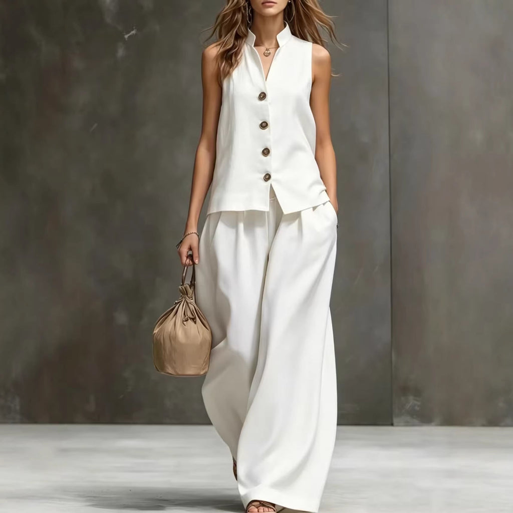 Elegant Cotton-Linen Women's Sleeveless Vest & Wide-Leg Matching Set | Effortless Co-Ord
