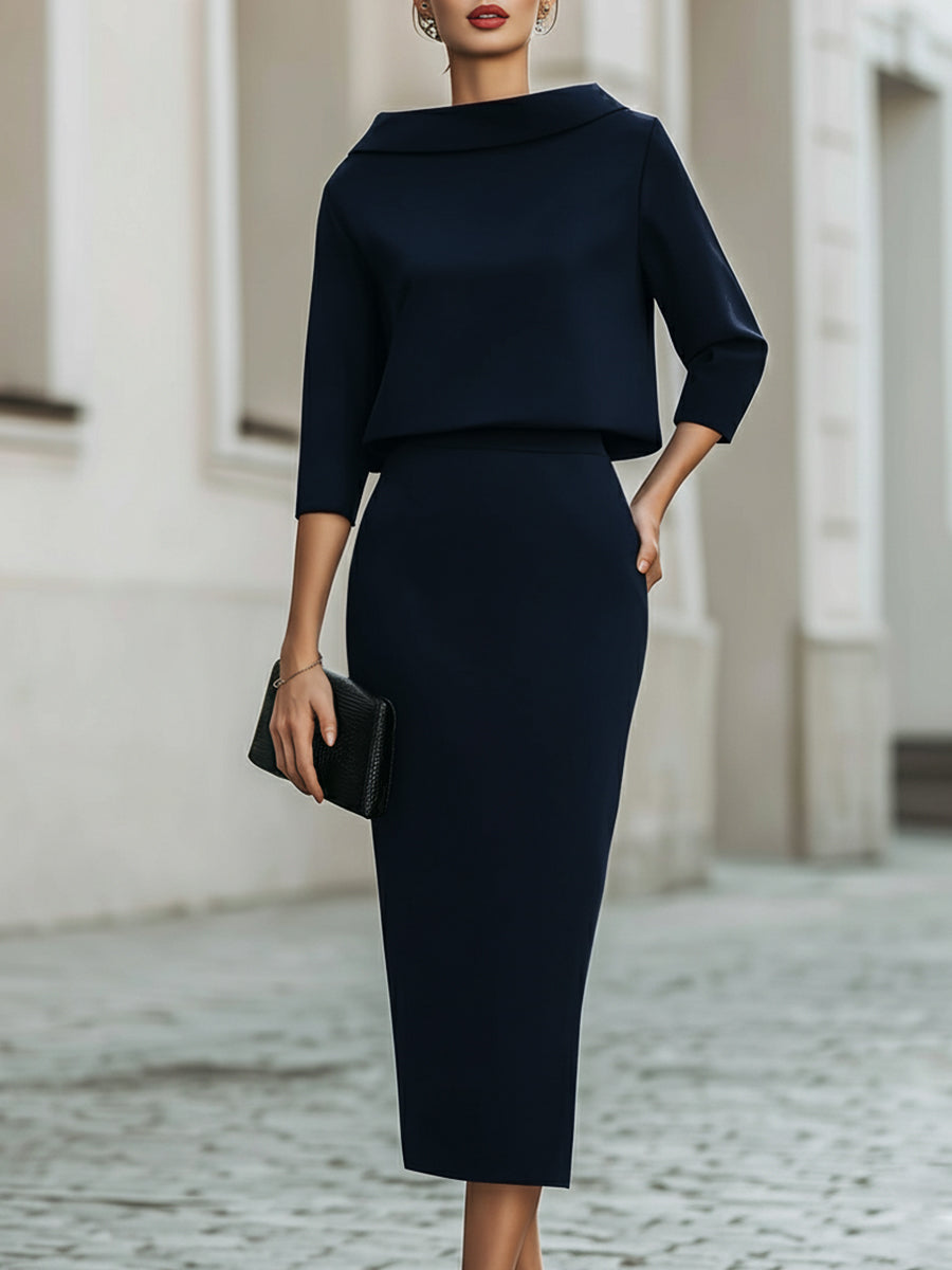 Boat-Neck Top & Midi Skirt Set — Two-Piece Outfit
