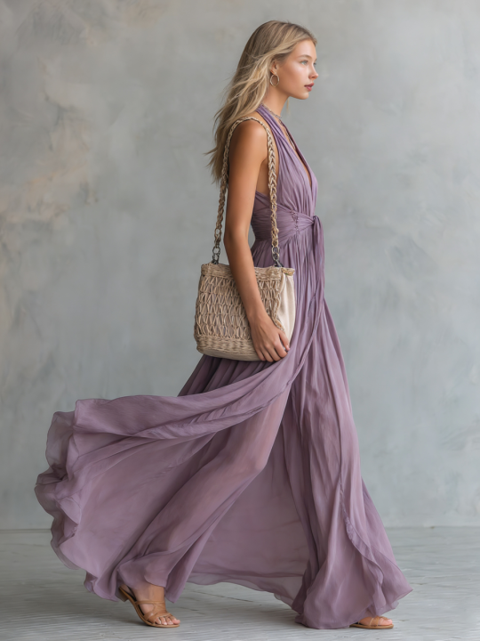 Elegant Sleeveless Maxi Dress with Halter Neckline | A-line Style for Effortless Formal Occasions
