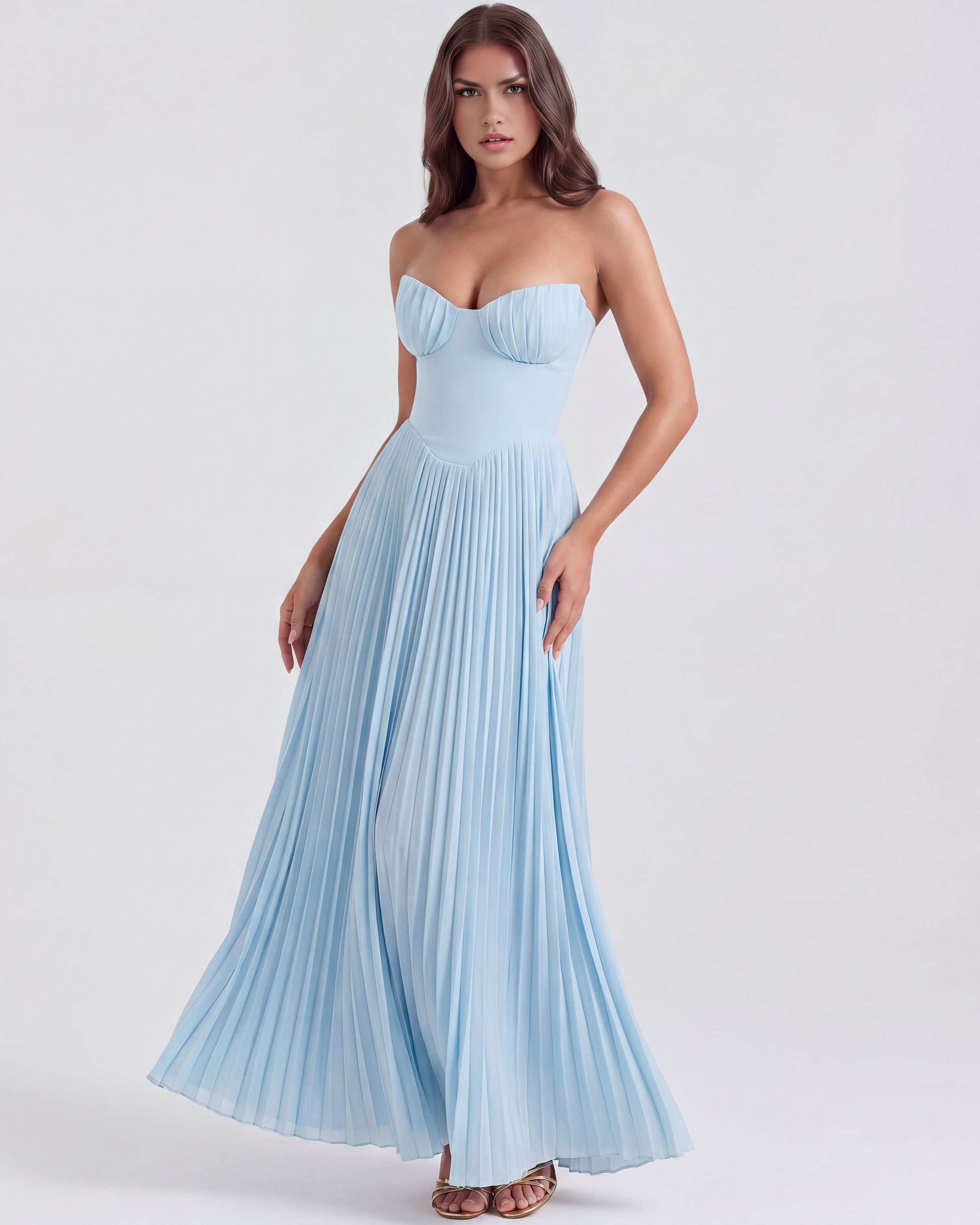 Ethereal Ocean Blue Maxi Dress – Long Sleeve Design with Shell...