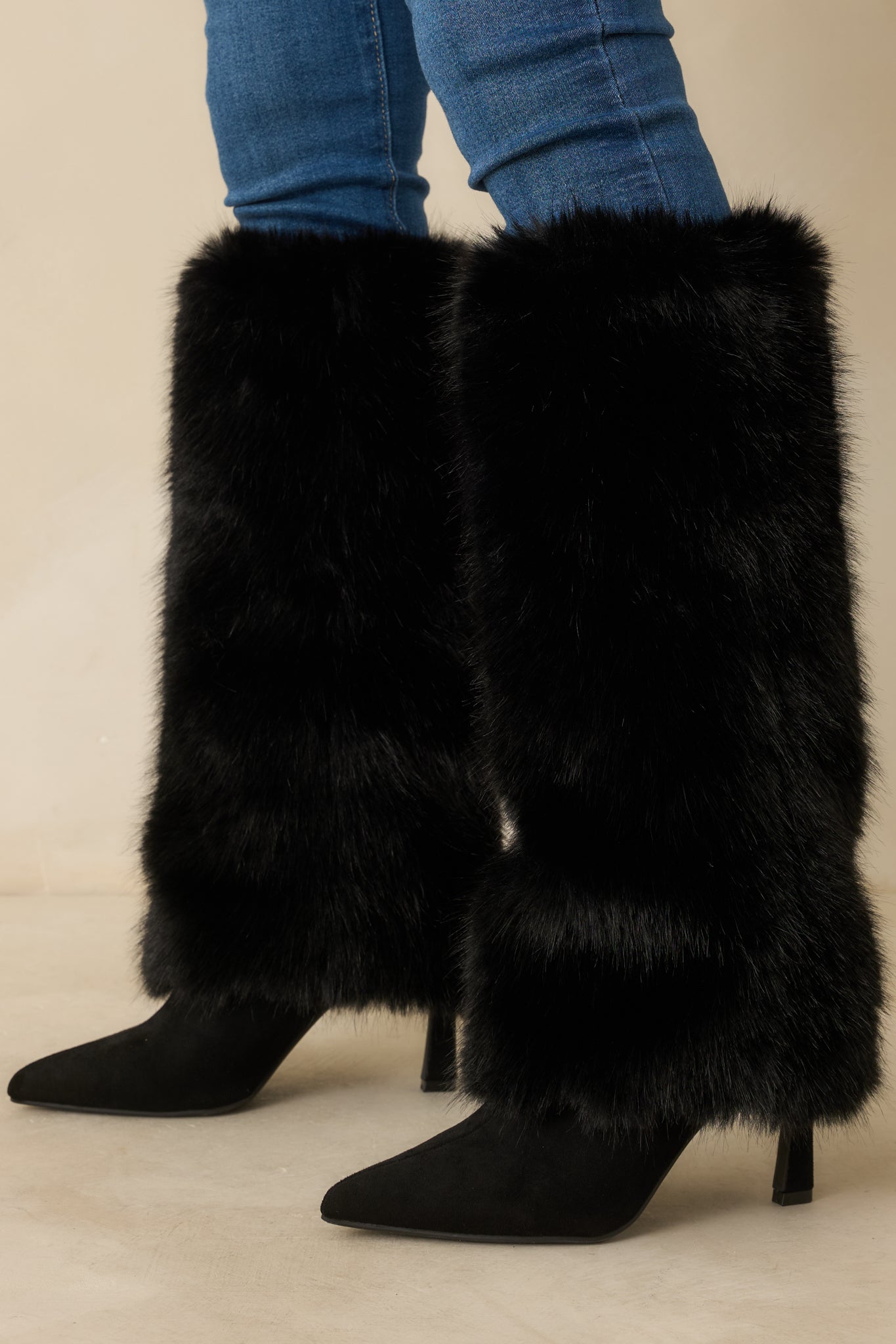 Women's Fine Point Black Faux Fur and Suede Pointed Toe Stiletto Boots | Heel measures 3.5" 2