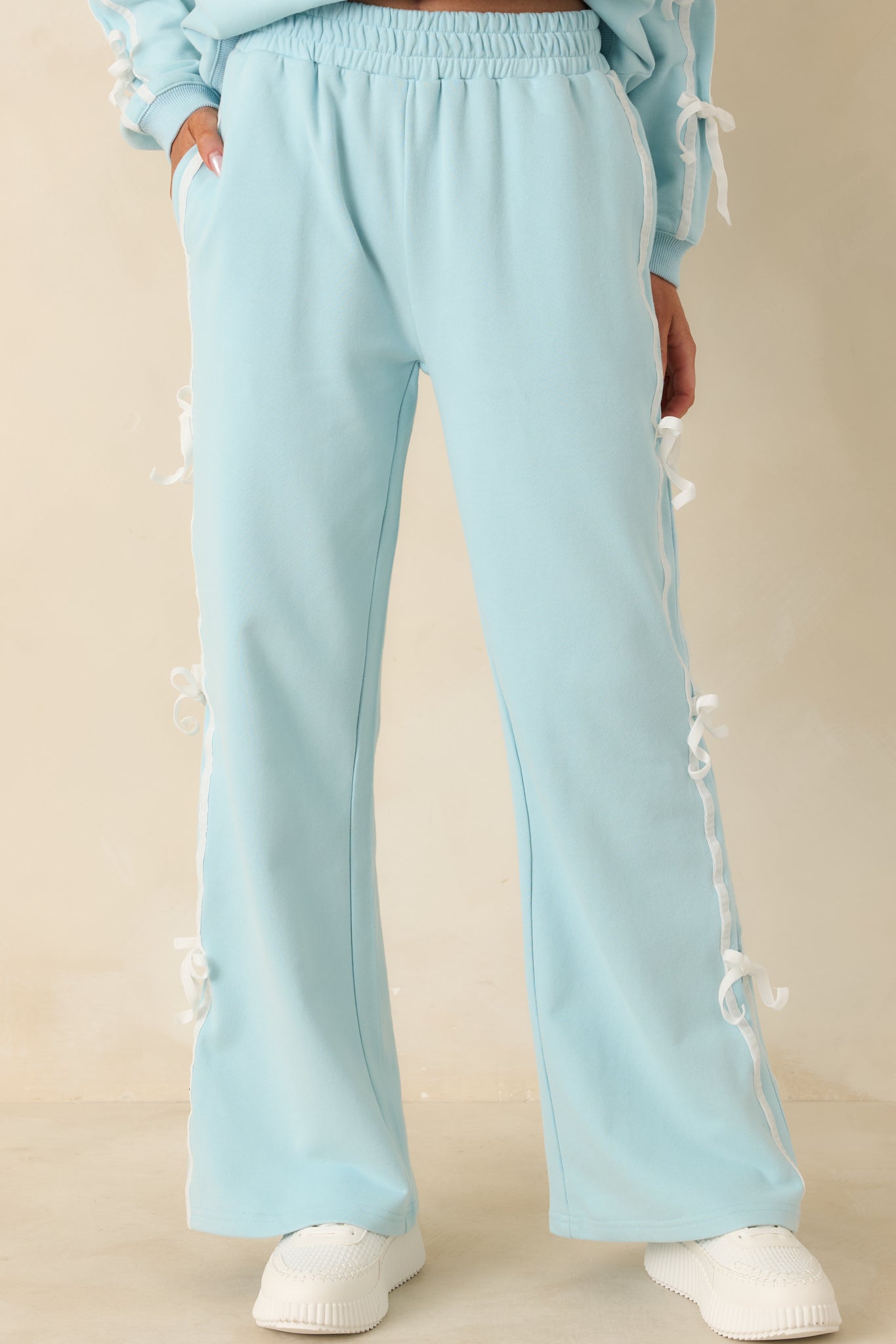 Women's Fit To Be Tied Aqua Blue Tie Detail Wide Leg Sweatpants | 82% Cotton & 18% Polyester 3
