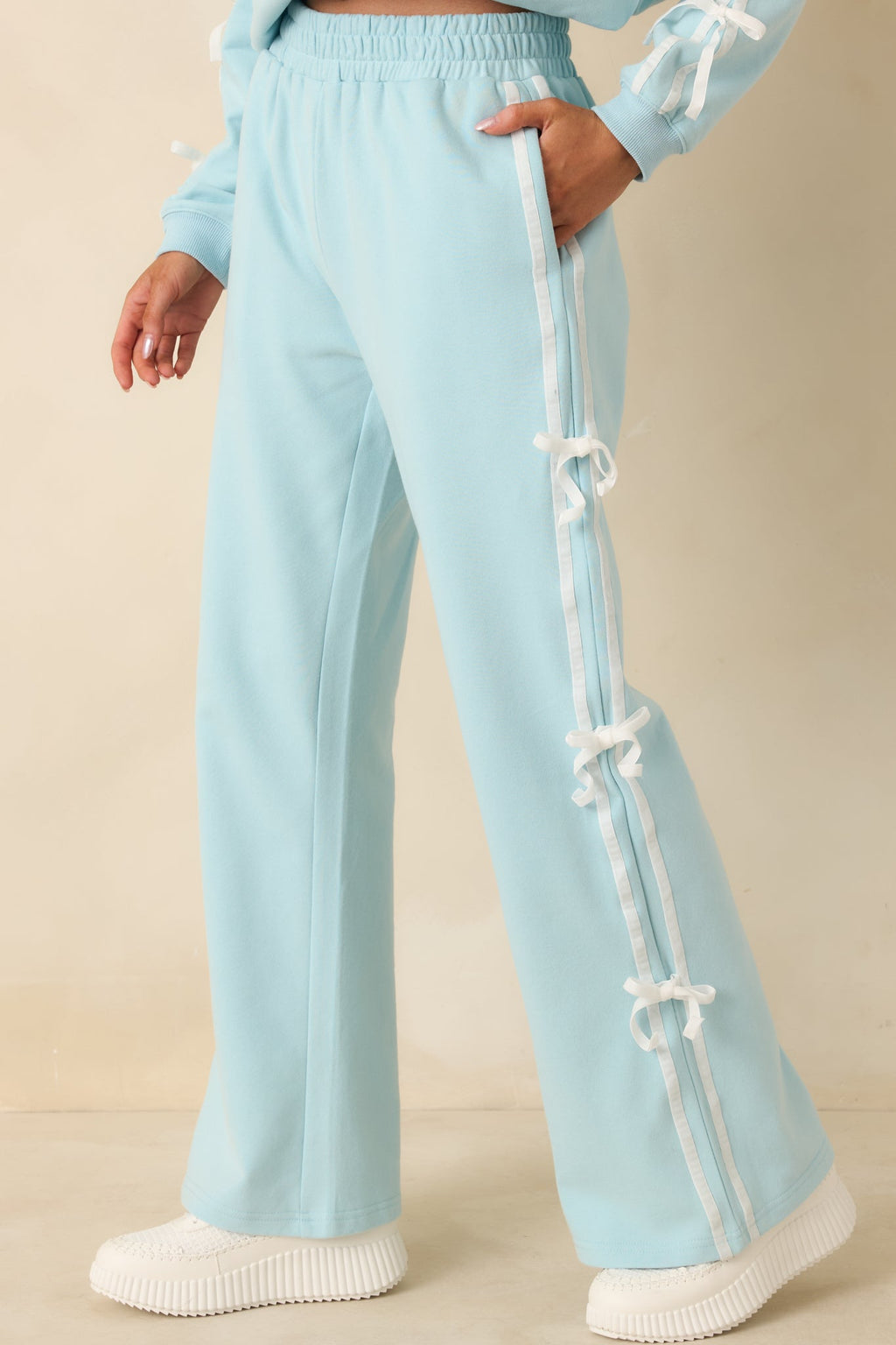 Women's Fit To Be Tied Aqua Blue Tie Detail Wide Leg Sweatpants | 82% Cotton & 18% Polyester 4