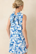 Women's Garden Song Blue & White Bird Print Sleeveless Mock Neck Mini Dress | 96% Polyester & 4% Spandex 6