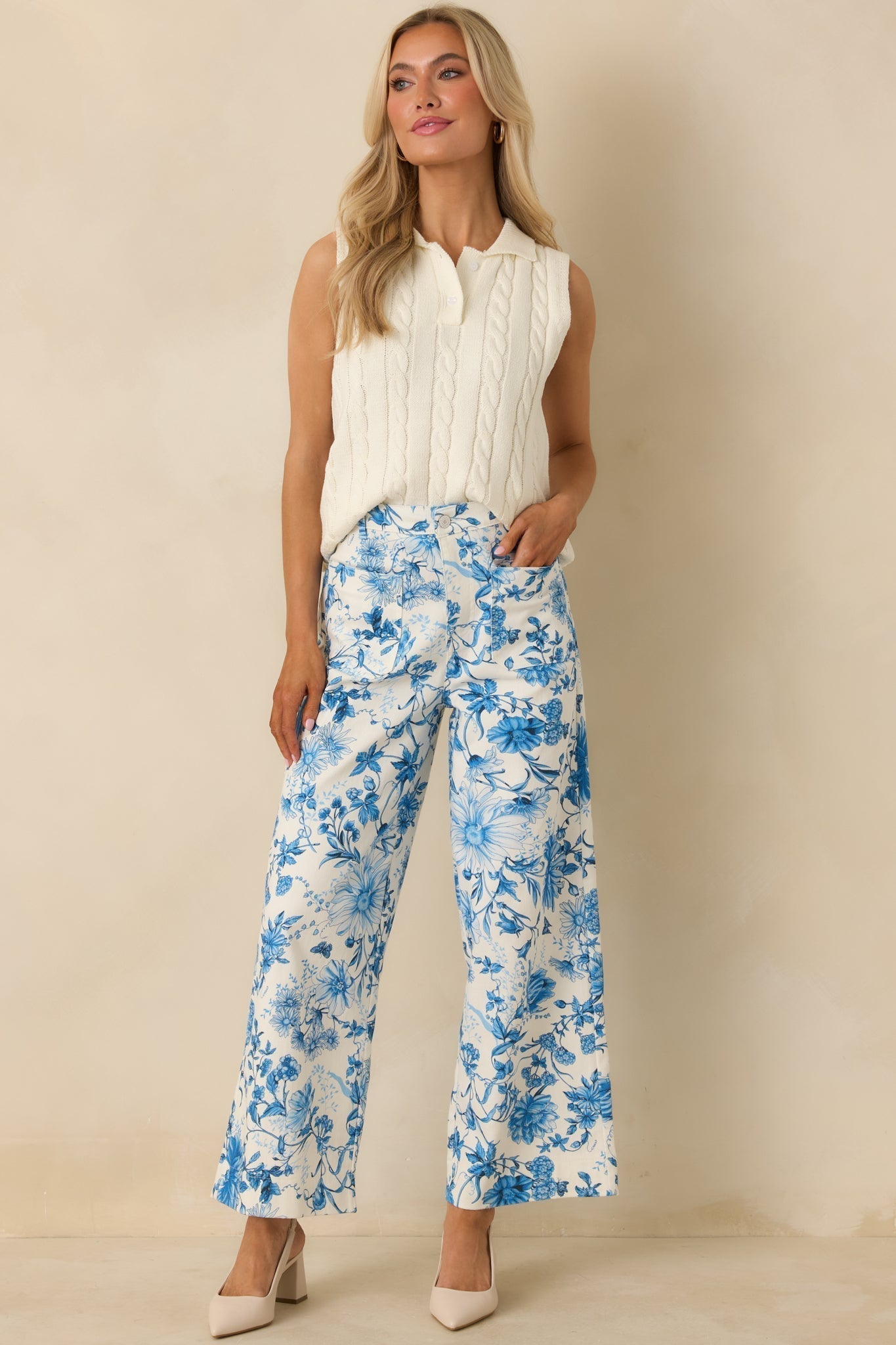 Women's Grow Your Own Way Blue Floral Print Cotton Wide Leg Pants | 95% Cotton & 5% Spandex 3
