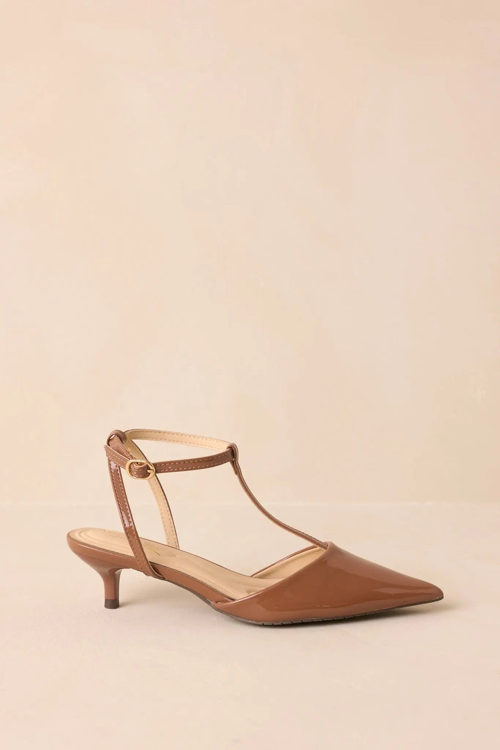 Women's Had To Be There Mocha Brown Patent Faux Leather T-Strap Heels | Heel measures 2" 2