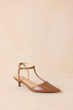 Women's Had To Be There Mocha Brown Patent Faux Leather T-Strap Heels | Heel measures 2" 3