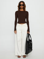 Harpur | Long Sleeve Backless Top in Chocolate with Adjustable Tie | Flared Sleeves for Comfort and Style