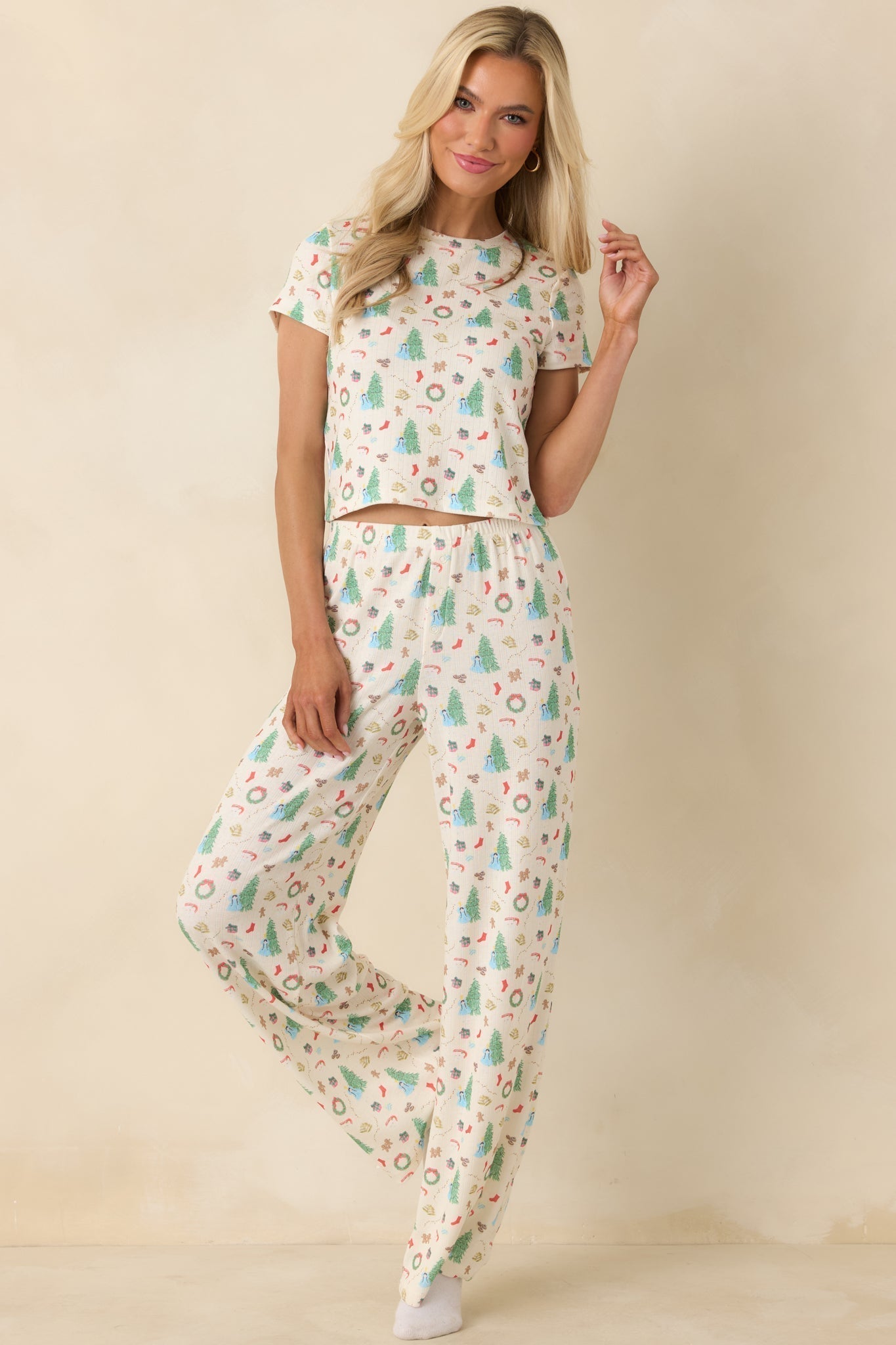 Women's Holiday Morning Ivory Multi Christmas Print Pajama Pants | 94% Polyester & 6% Spandex 1