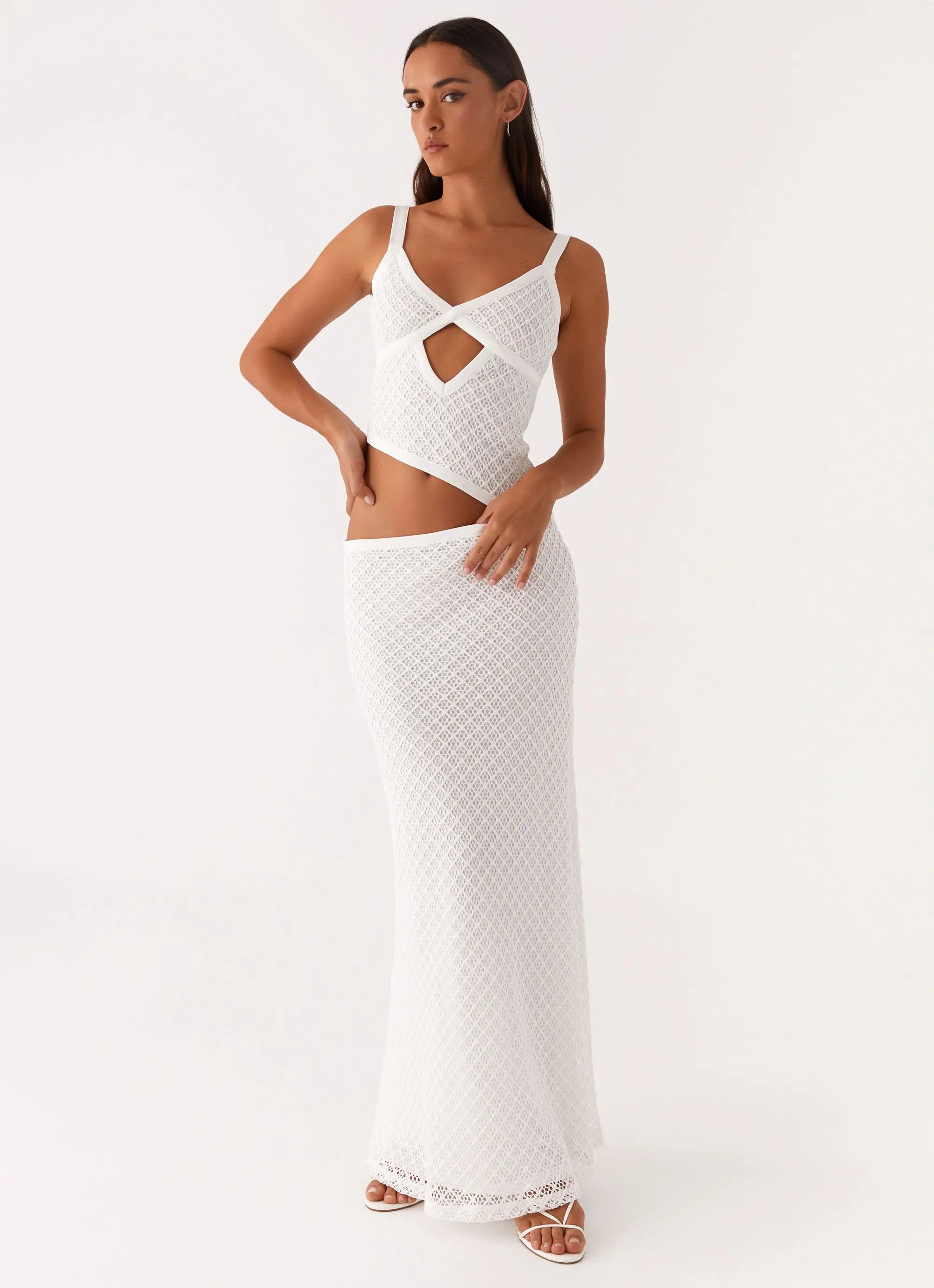 White V-neck cut-out maxi dress front view