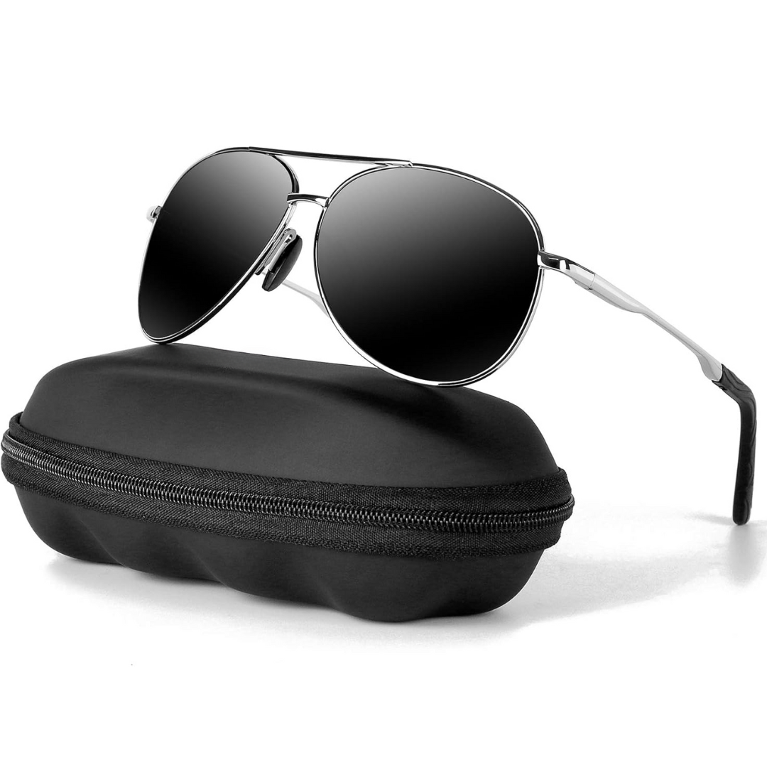 Polarized aviator sunglasses, silver frame with black lens