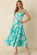 Women's Laguna Bloom Turquoise Multi Floral Sleeveless Midi Dress | 70% Rayon & 30% Linen 0