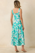 Women's Laguna Bloom Turquoise Multi Floral Sleeveless Midi Dress | 70% Rayon & 30% Linen 5