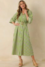 Women's Lighthearted Days Green Stripe Belted Button Front Maxi Shirt Dress | 40% Linen 0