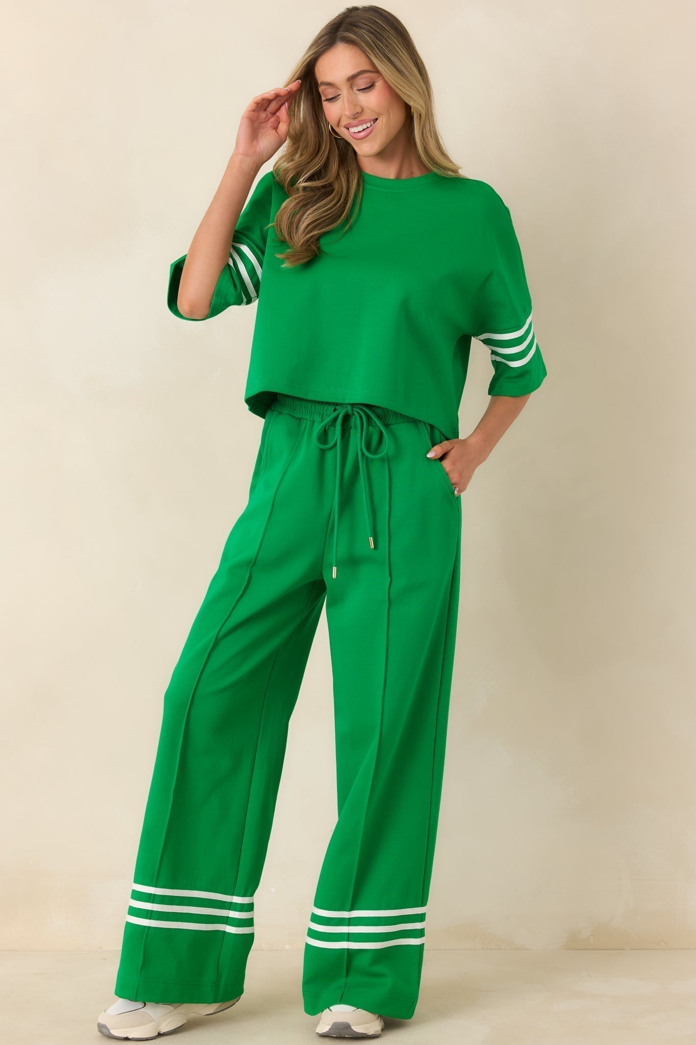 Women's Line & Leisure Green Cotton Blend Contrast Stripe Top | 60% Cotton & 40% Polyester 0