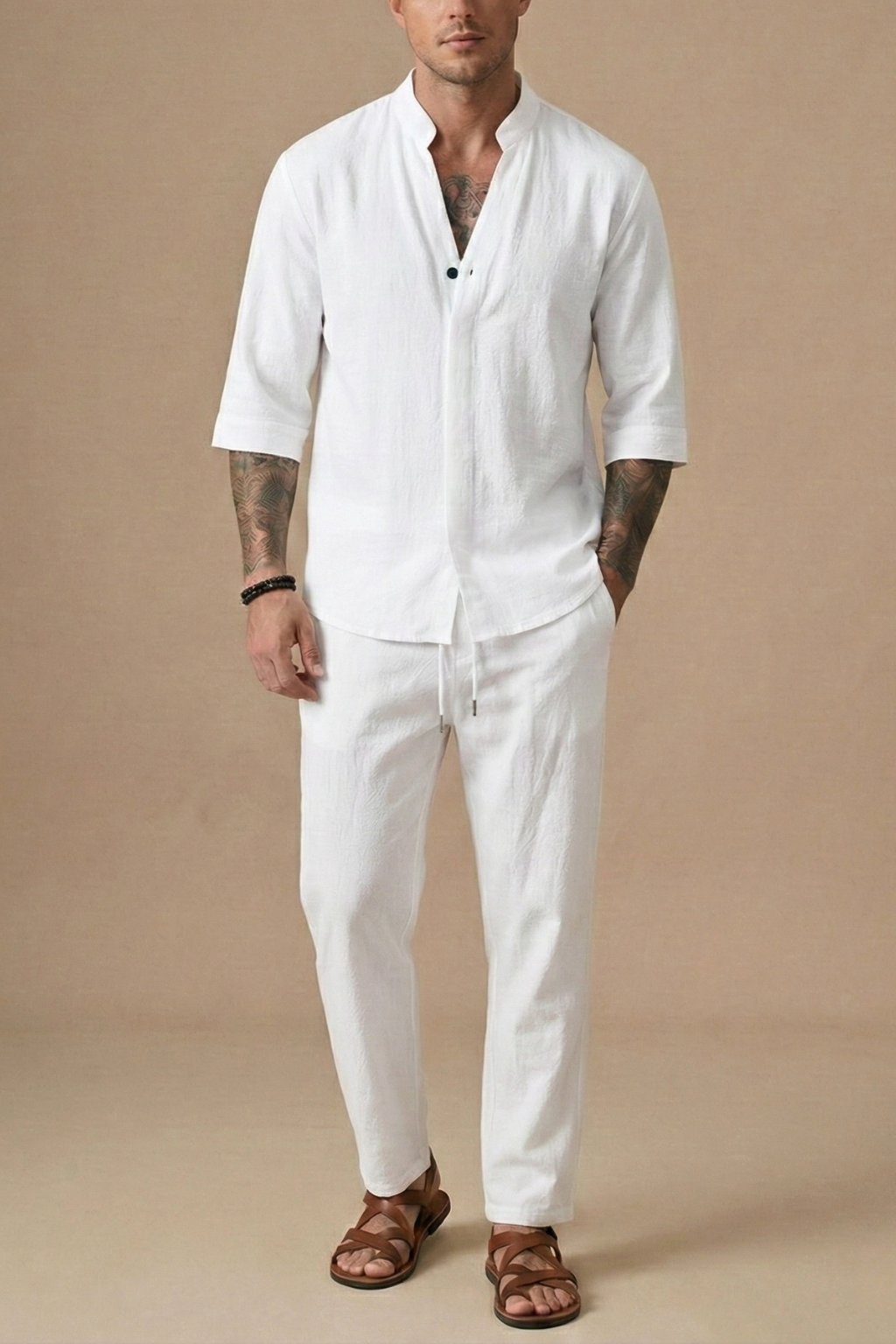 Linen Blend | Men's Matching Set | V-Neck & Drawstring Trousers | Summer Co-Ord