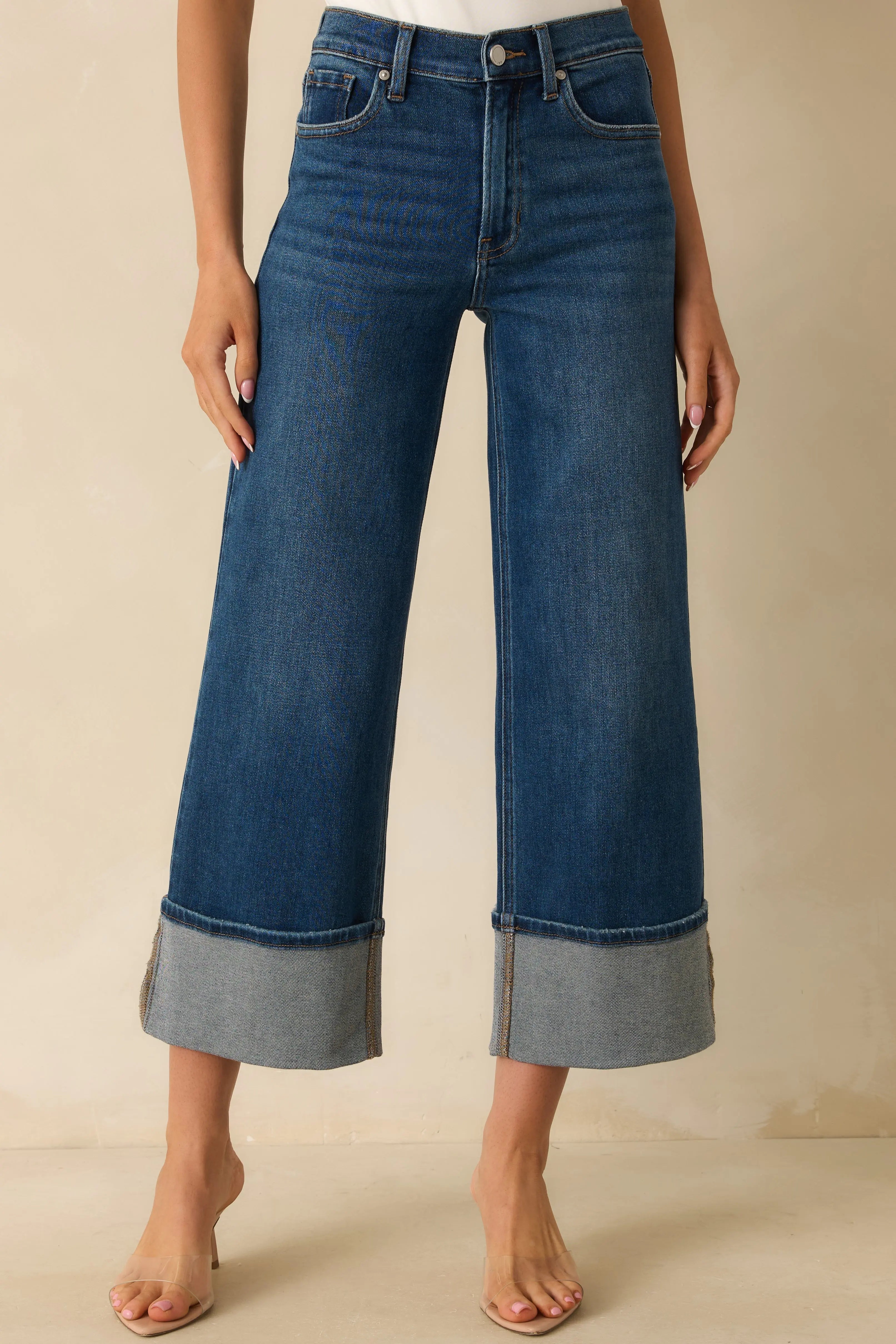 Women's Long Story Short Deep Vintage Indigo Wide-Leg Cuffed Jeans | 93% Cotton 2