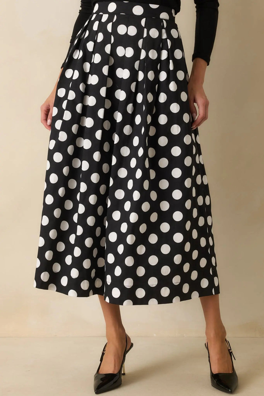 Women's Lovely Little Thing Black Polka Dot Cotton Pleated Maxi Skirt | 95% cotton & 5% Spandex 2