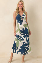Women's MINKPINK Azure Green & Blue Palm Leaves Key Hole Midi Dress | 100% Viscose 0