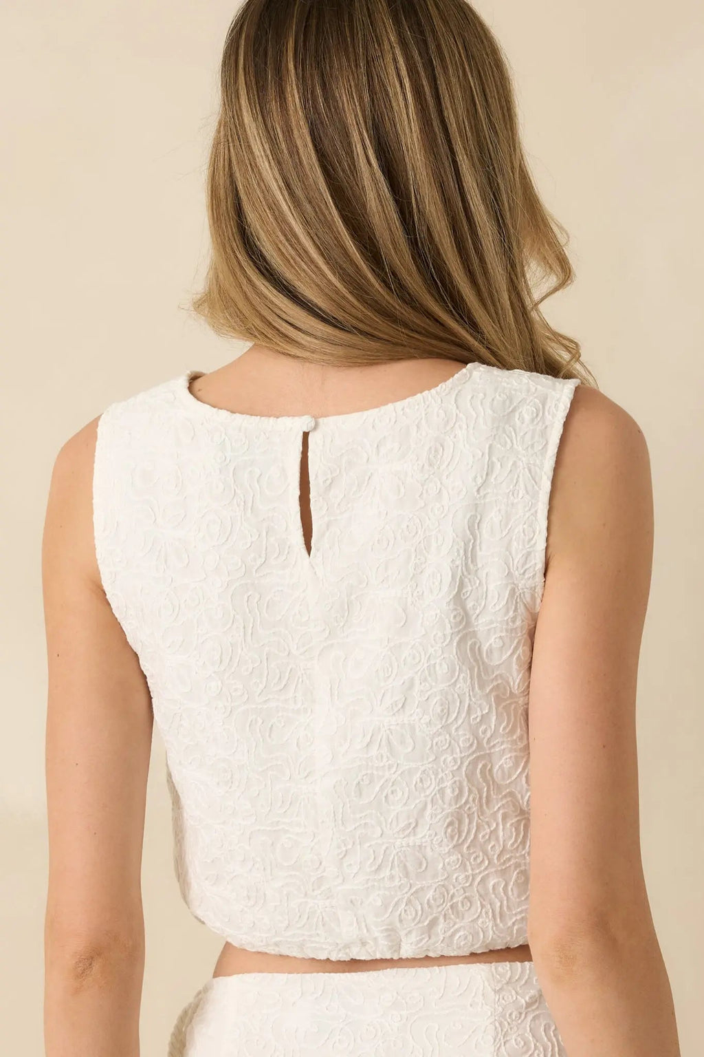 Women's MINKPINK Daphne White Cotton Jacquard Tie Waist Crop Top | 100% Cotton 6