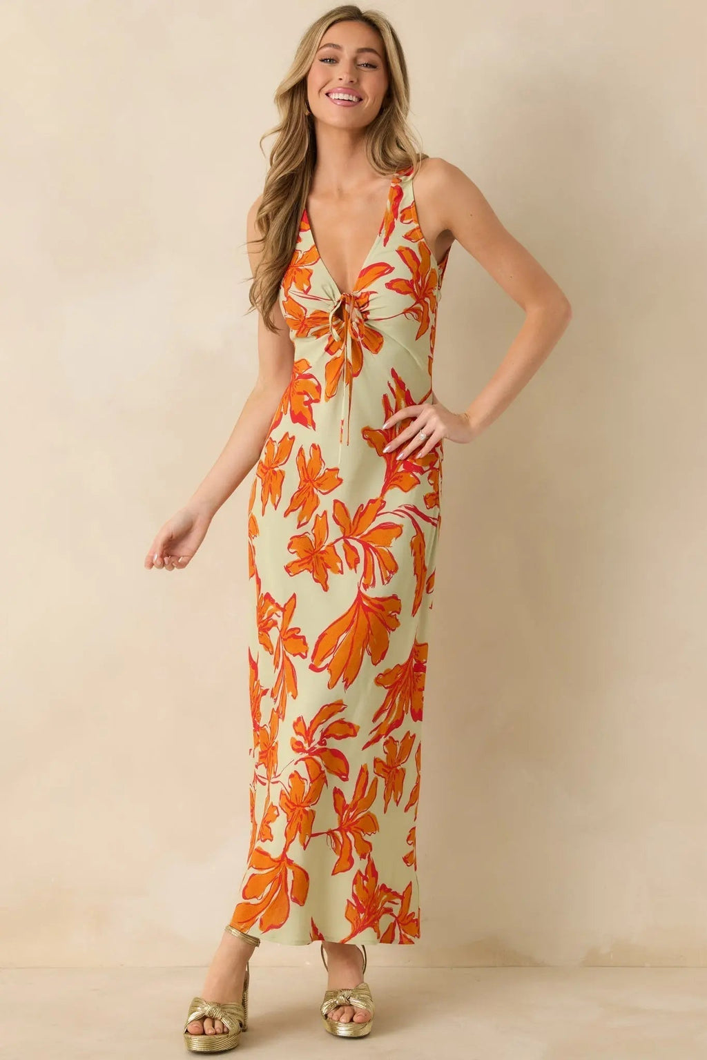 Women's MINKPINK Estelle Green & Orange Floral Print Keyhole Maxi Dress | 100% Viscose 2