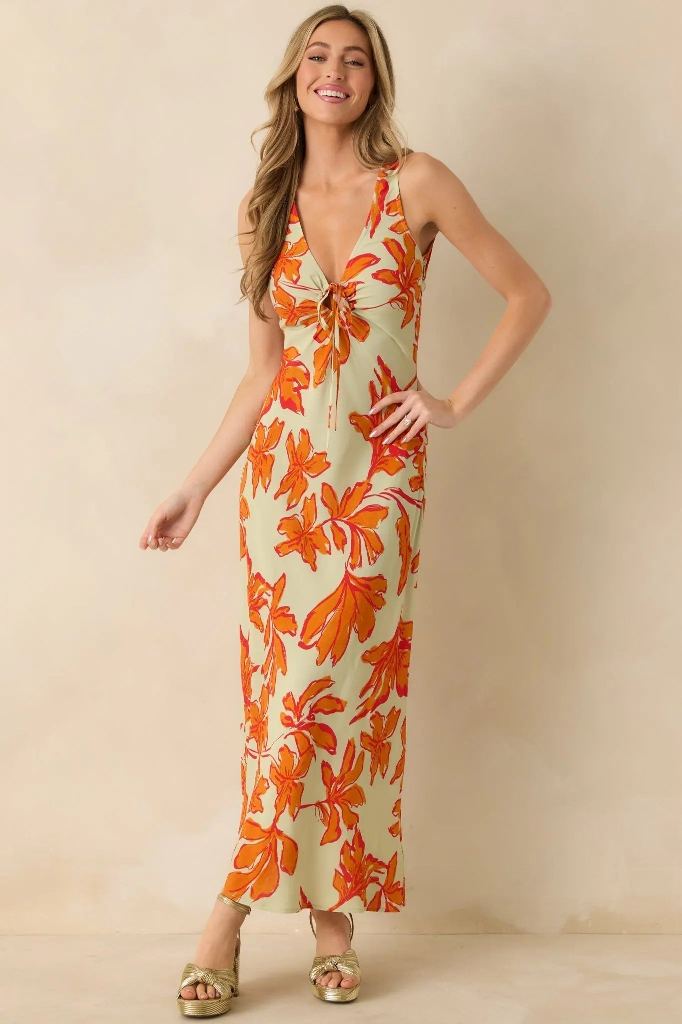 Women's MINKPINK Estelle Green & Orange Floral Print Keyhole Maxi Dress | 100% Viscose 2
