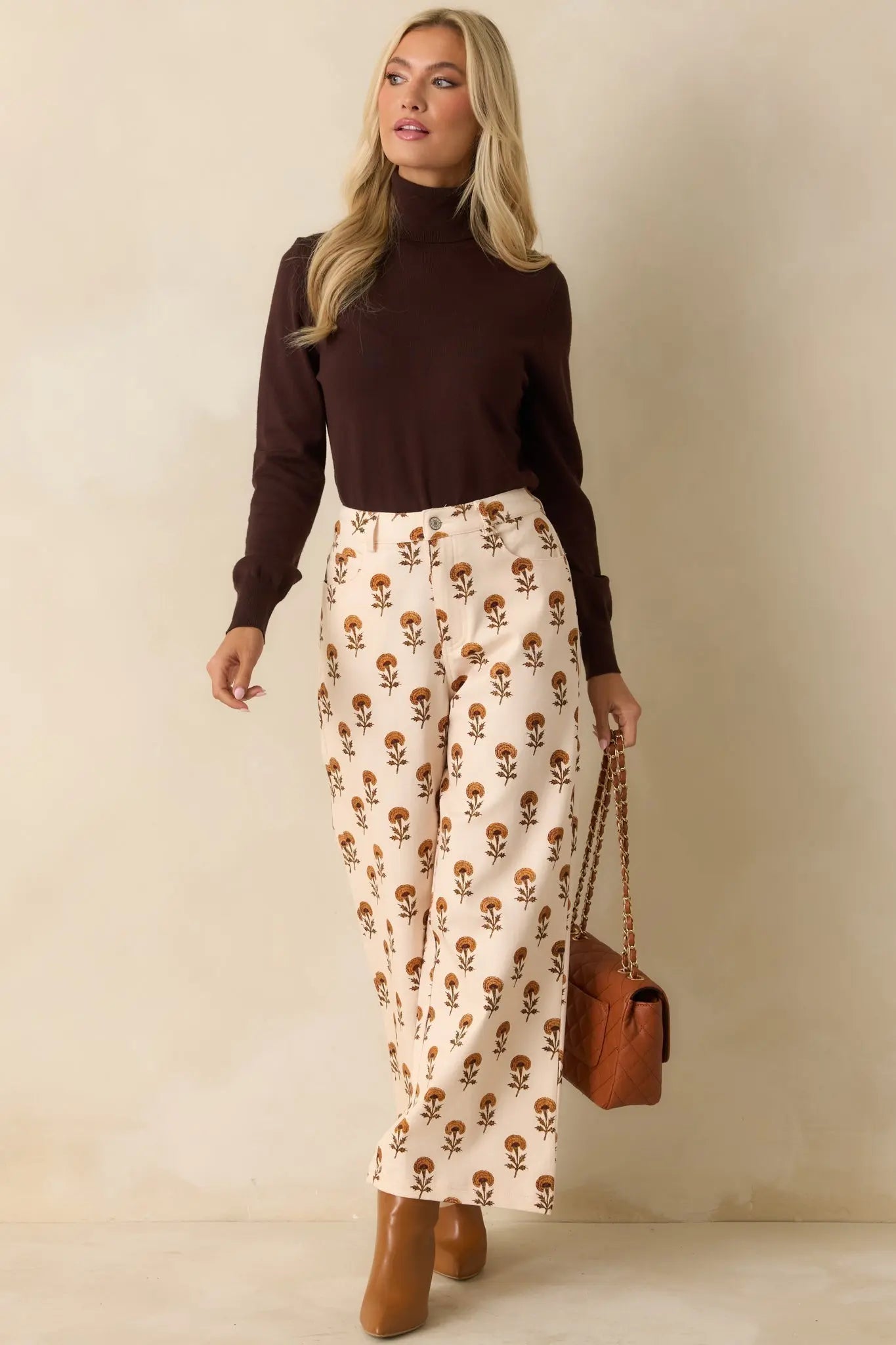 Women's Marigold Muse Ivory Multi Floral Print Cotton Wide Leg Pants | 97% Cotton & 3% Spandex 1