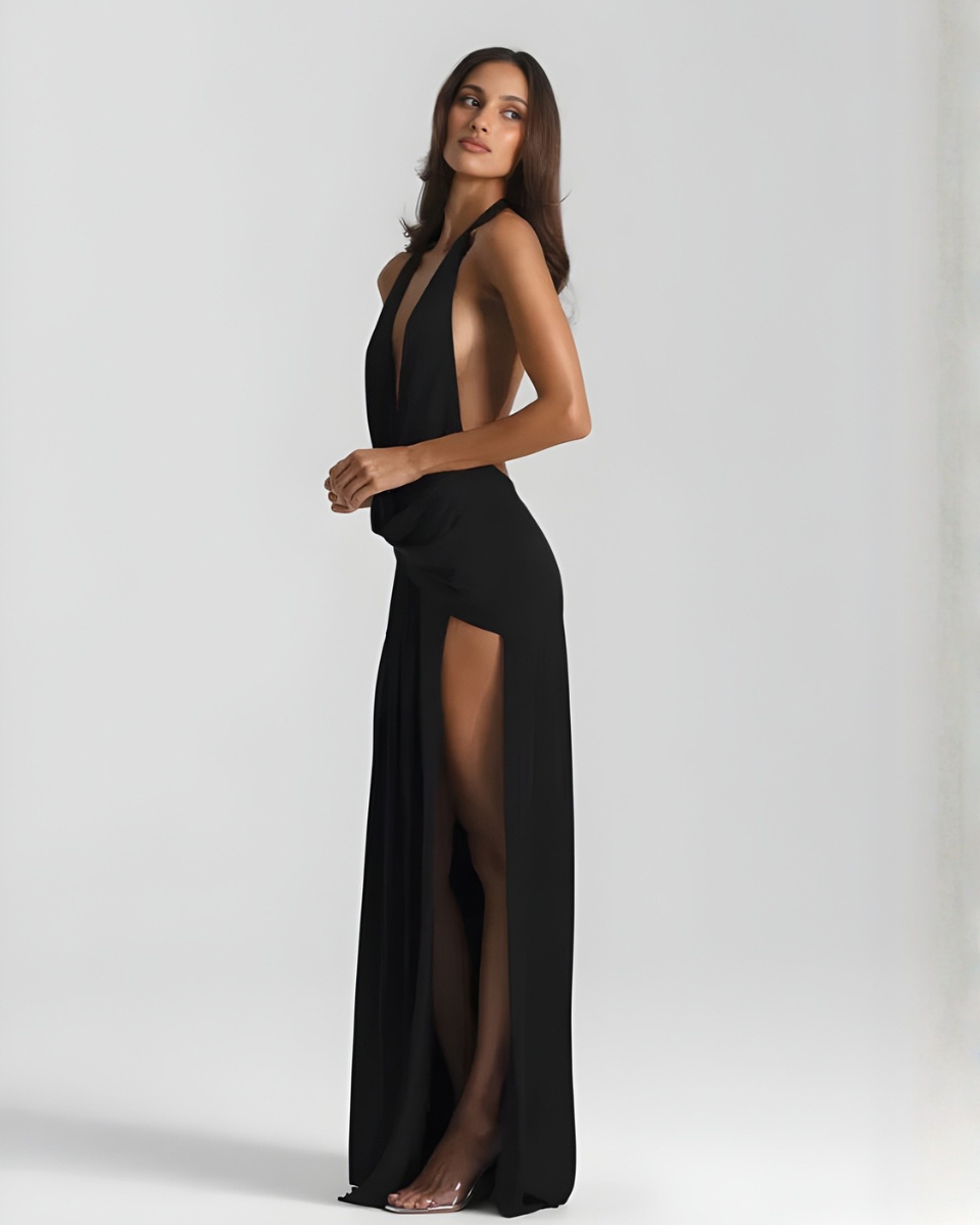 Yellow halter-neck maxi dress with open back and high slit