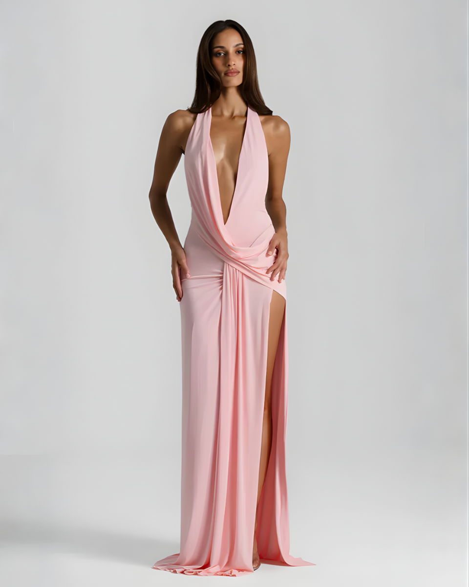 Side profile of the black maxi dress showing the high slit