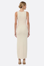 Misciano | Ecru Ribbed Knit Dress with Gold Buttons | Elegant Silhouette for Timeless Style