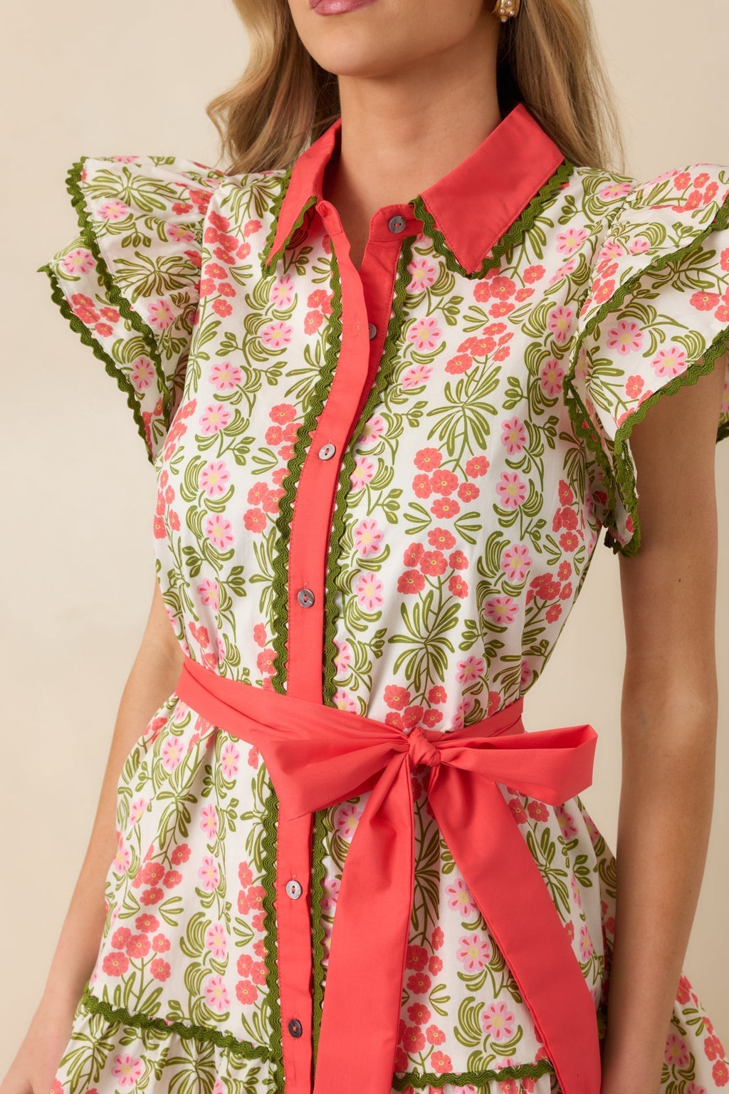 Women's Missing The Point Coral Pink Floral Cotton Button Front Mini Dress | 100% Cotton 1