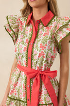 Women's Missing The Point Coral Pink Floral Cotton Button Front Mini Dress | 100% Cotton 1