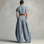Blue & White Plaid Two-Piece Set — Crop Top & Wide-Leg Pants