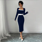 Women’s Contrast Stitch Long-Sleeve Midi Dress