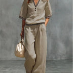 Women's linen V-neck top and wide-leg pants set