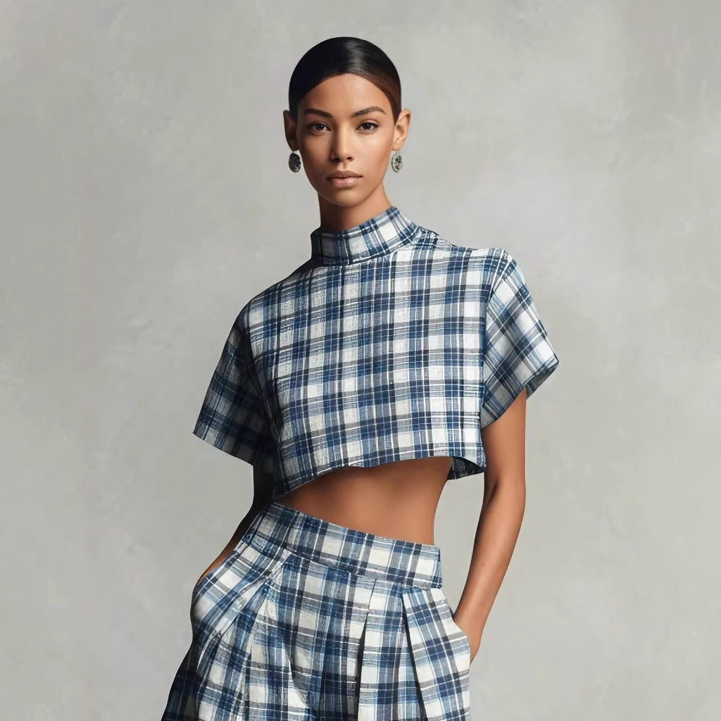 Blue & White Plaid Two-Piece Set — Crop Top & Wide-Leg Pants