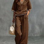 Women's linen two-piece set, color and fit detail