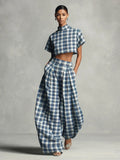 Blue & White Plaid Two-Piece Set — Crop Top & Wide-Leg Pants