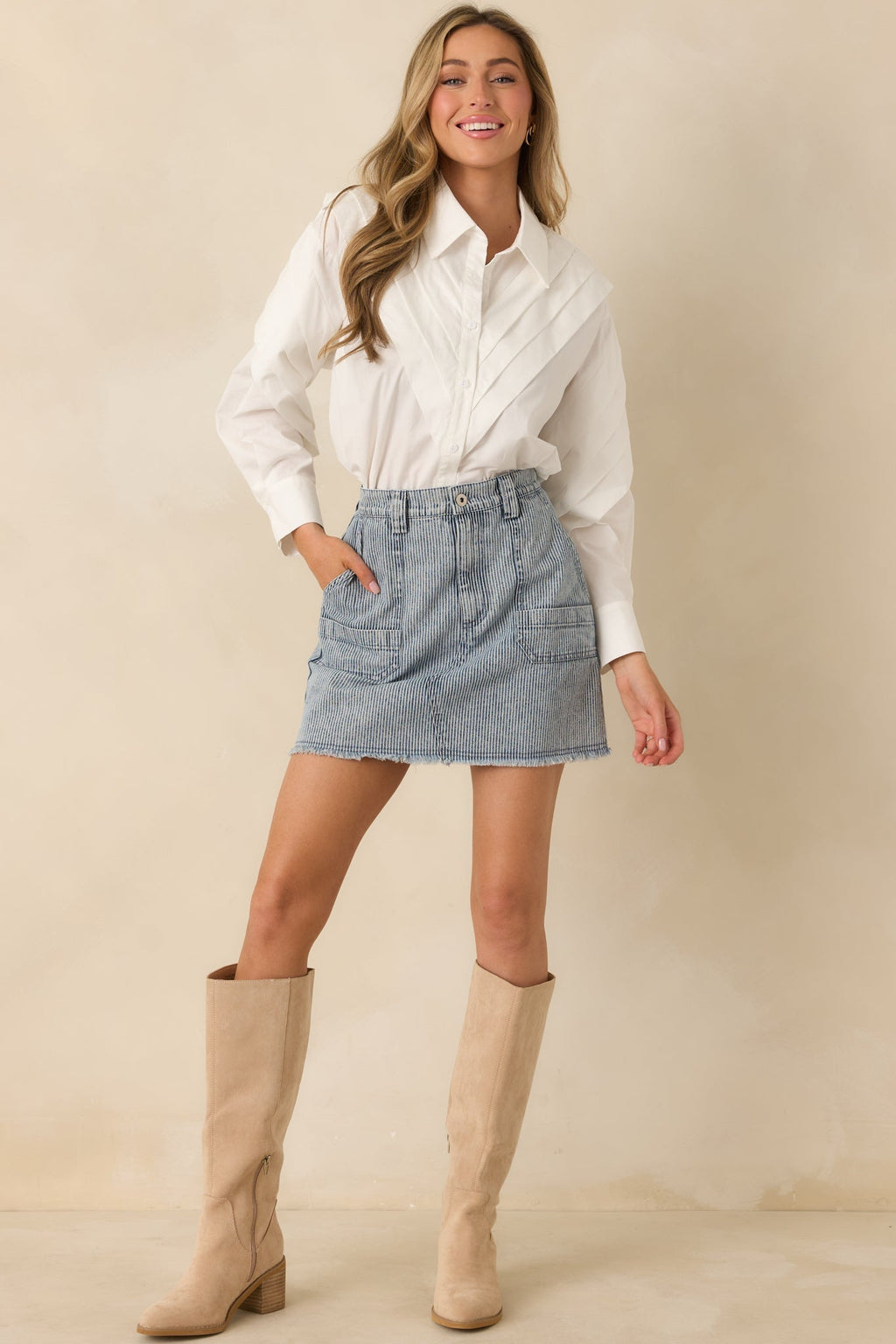 Women's Off the Beaten Path Distressed Blue Stripe Cotton Denim Mini Skirt | 100% Cotton 4
