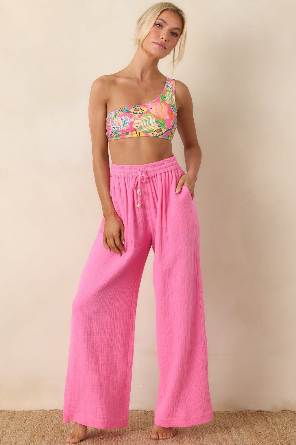Women's Paradisa Dunedin Pink Cotton Wide Leg Drawstring Pants | 100% Cotton 0