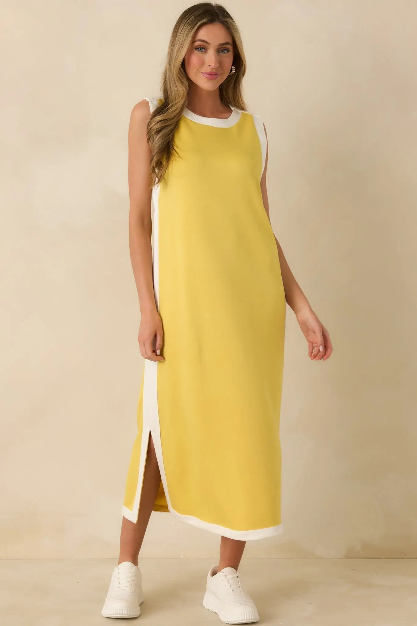 Women's Perfectly Framed Yellow Jersey Knit Contrast Trim Sleeveless Maxi Dress | 55% Rayon 4