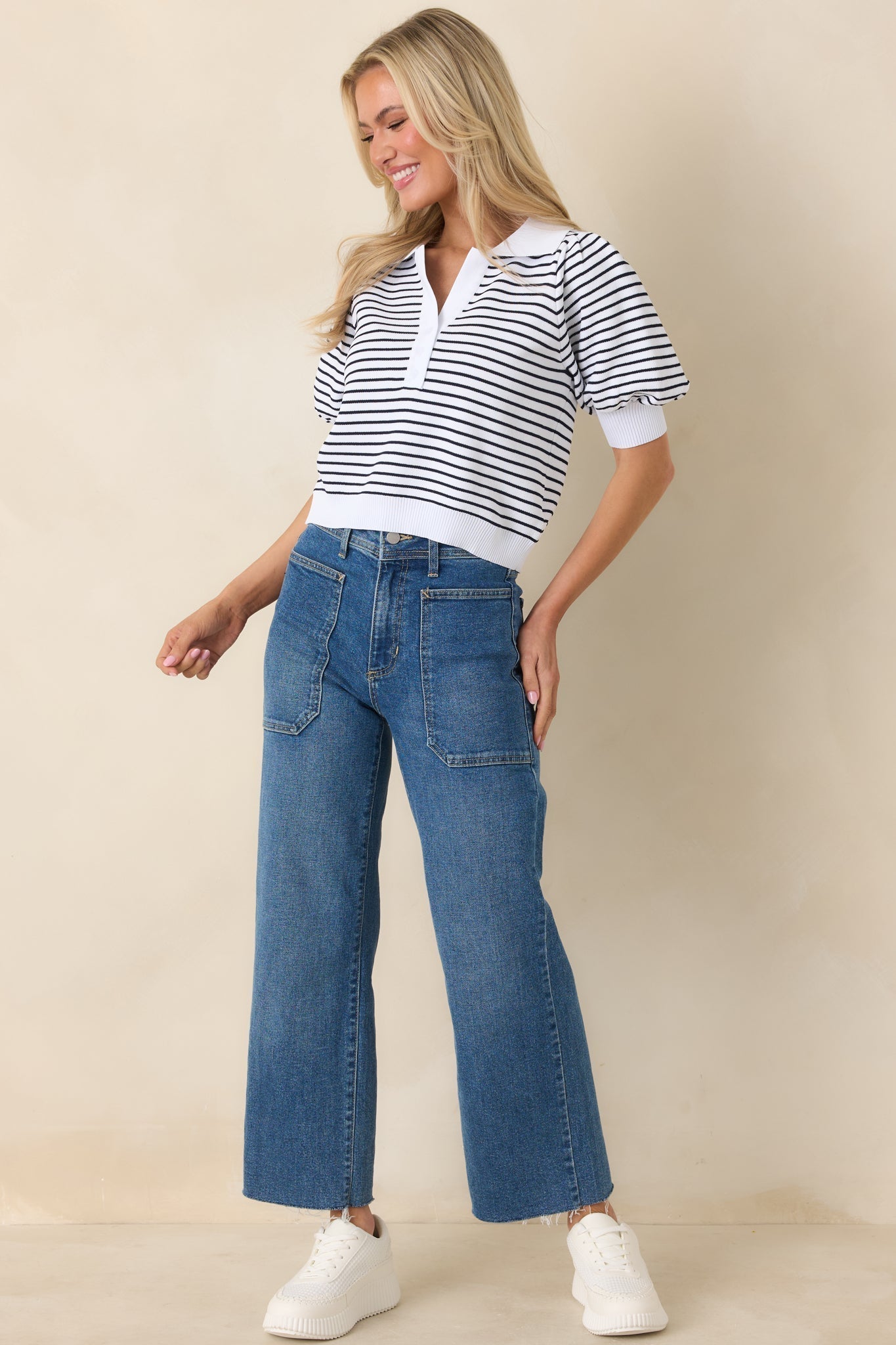 Women's Plans After Work Ivory & Black Stripe Knit Polo Top | 63% Viscose & 37% Nylon 4