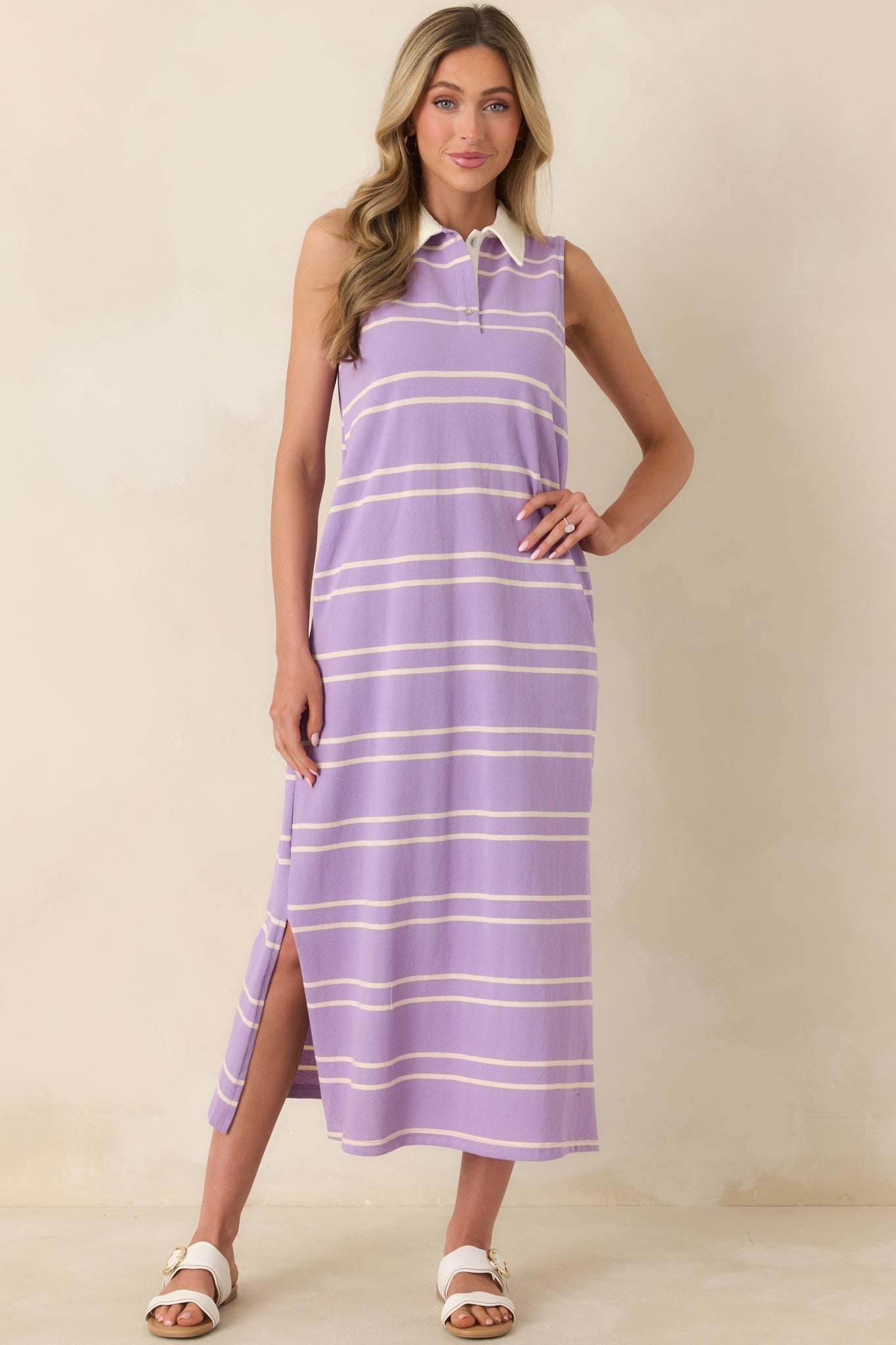Women's Polished Play Lavender Stripe Cotton Sleeveless Maxi Dress | 100% Cotton Contrast: 85% Cotton & 15% Polyester 0