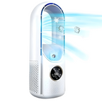 Portable personal air cooler with quiet bladeless-style cooling fan