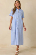 Women's Pretty in Pinstripes Blue Cotton Stripe Button Front Maxi Shirt Dress | 100% Cotton 5