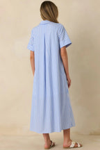 Women's Pretty in Pinstripes Blue Cotton Stripe Button Front Maxi Shirt Dress | 100% Cotton 6