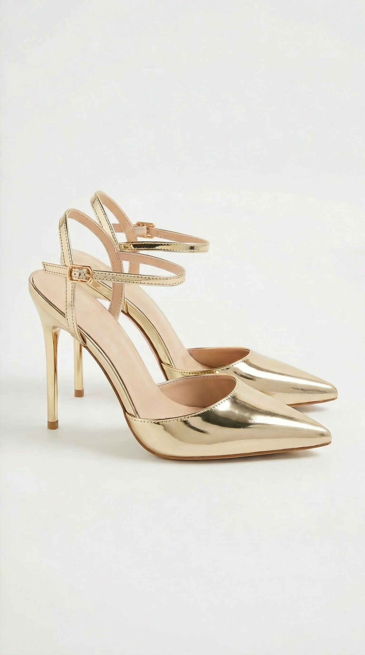 Gold Pointed-Toe Ankle-Strap Heels — Women's Pumps