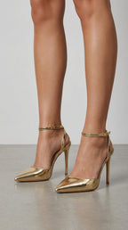 Gold Pointed-Toe Ankle-Strap Heels — Women's Pumps