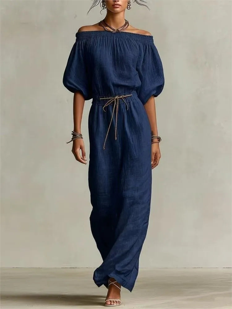 Off-shoulder half-sleeve slim maxi dress in Dark Blue