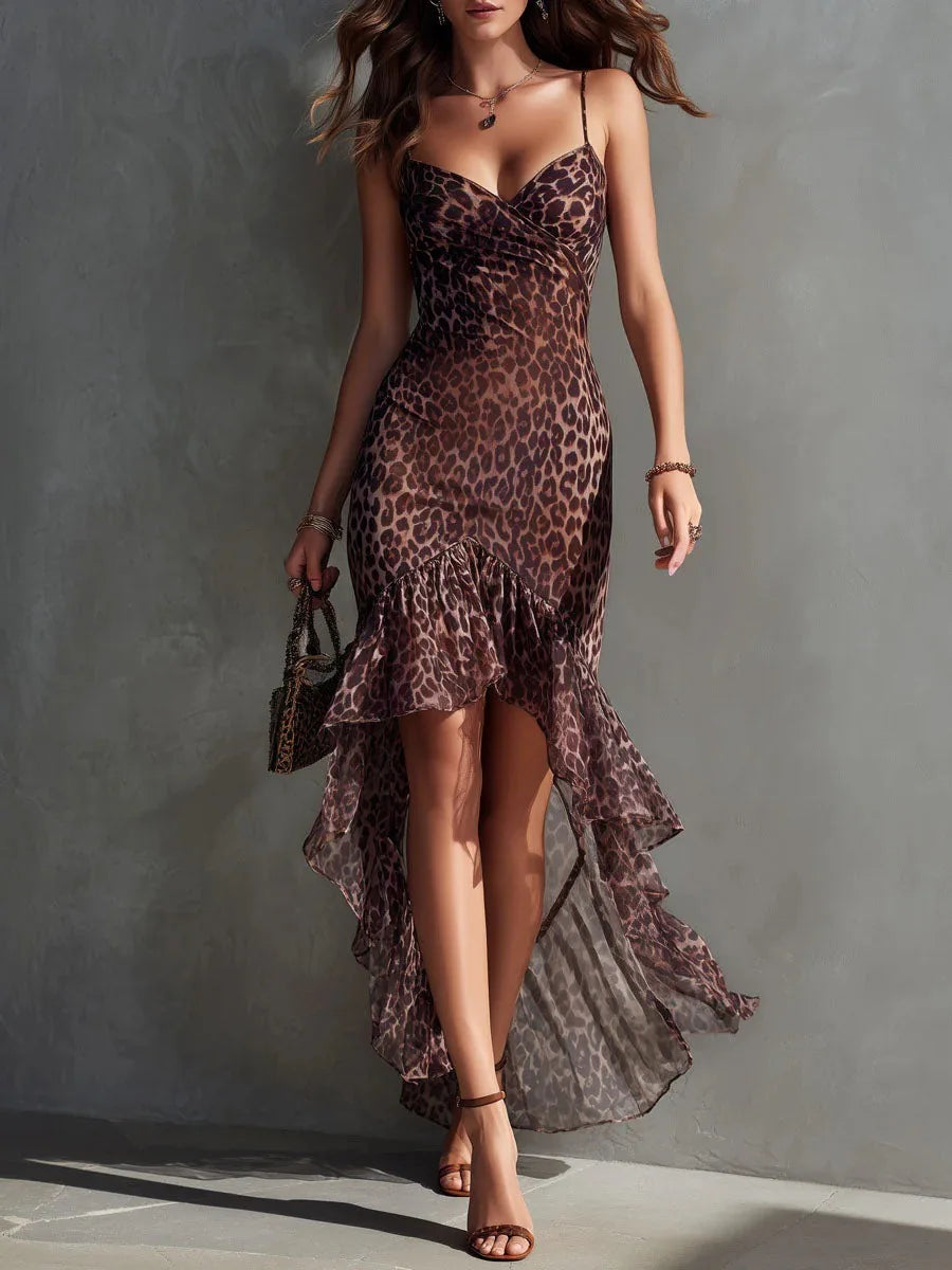 Leopard print chiffon midi dress in brown
